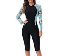BEACHKINI Women Boyleg One Piece Swimsuit,High Elasticity Swimming Costume,Long Sleeve Bathing Suit,Surfwear,Diving,Light Green Leaf,XL