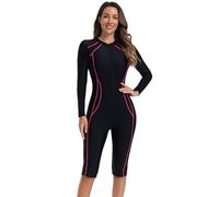 BEACHKINI Women's Long Sleeve Zip Up One Piece Swimsuit, Black with Red Stripes, UV Protection Swimming Costume,Red Stripe,M