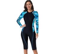 BEACHKINI Women's One-Piece Long Sleeve Surf Suit,Black with Blue Water Ripple Print Panels,UV Protection Swimsuit,Earth Blue,M