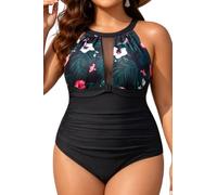 BeachQueen Women's Plus Size One Piece Swimsuit High Neck Mesh Ruched Swimwear - Black - 20 Plus