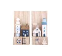 Beachside House & Lighthouse Ornament - Shabby Chic Wooden Coastal Decoration on Wooden Base - Blue/White/Natural - 30 cm (One Supplied)