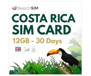 BeachSIM Costa Rica SIM Card 30 days. 12GB data at 4G/5G speeds. Prepaid Data only. Free roaming in Panama, Nicaragua and 9+ countries in Latin America