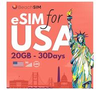 BeachSIM USA eSIM 20GB data at 4G/5G speed. Prepaid data eSIM only. Quick activation. Easy charging. Works with eSIM compatible devices. Valid for 30 days.