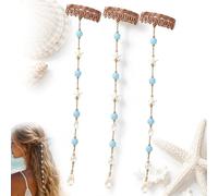 Beachy Mermaid Hair Accent with Starfish & Shell Charms - Hidden Comb Clip 15.6" Blue Bead Hair Chain for Women Summer Vacation Boho Wedding Styling (3PCS)