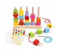 Bead Game Learning Toy Set With Threading Blocks Stack Puzzle Wooden Sorter Fruit Sequence Cards Suitable for Preschool Boys and Girls Gift