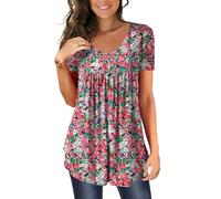 BeadChica Women's Tunic Tops For Leggings Short Sleeve Shirts Botton Up Casual Ruched Blouses Clothes, Pink Floral, XXXL