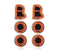 Beaded BOO Halloween Earrings - Handmade-Look Seed Bead Statement Dangles, Orange & Black Festive Jewelry for Women, Regular Size, Acrylic, No Gemstone