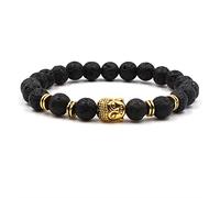 Beaded Bracelets, Bracelets Black Gold Alloy Black Round Shape Lava Rock Bead Buddha Braclet Gift for Men and Women 19cmx8mm