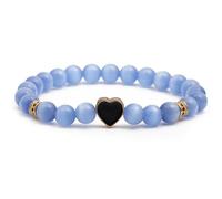 Beaded Bracelets for Men,Niche Design 8Mm Natural Gemstone Stone Crystal Cat'S Eye Beaded Heart Relief Reiki Yoga Beaded Stretch Bracelets,Energy Jewellery for Women Men Light Blue-Black