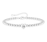 Beaded Charm Bracelet, Silver-Coloured, Number 18 Heart, Adjustable Clasp | 1-piece wrist jewellery, extension chain and end drop, for women, everyday wear, milestone birthdays and graduation