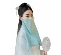 Beaded Chiffon Semi-Sheer Face Veil Women's Hanfu Costume Accessory, 451# Green Hill, One Size