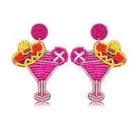 Beaded Cocktail Earrings Cinco De Mayo Earrings for Women Tropical Drink Hot Pink Drop Dangle Earrings Mexican Summer Holiday Jewelry Gifts, 2.5 inches, Metal, No Gemstone