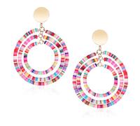 Beaded Drop Earrings, Rainbow Seed Beaded Dangle Boho Hoop Earrings Round Circle Pendant Statement Earring Vintage Colorful Summer Beach Jewelry for Women Girls Beach Holiday Party Vacation