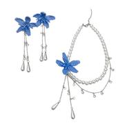 Beaded Flower Necklace and Earrings Set with Simulated Pearls for Women Spring Outfit Adjustable Chain Necklace