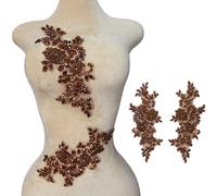 Beaded Lace Applique Pair with Claw Rhinestones & Glass Crystals, Hand-Embroidered Sew on Patch for Bridal Dress/Costume Decoration (Brown)