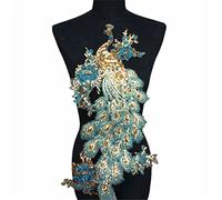 Beaded Sequin Gold Phoenix Peacock Applqiue Lace Embroidery Bridal Applique Lace Fabric Patches Clothes Dress (Blue)