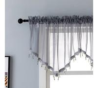 Beaded Sheer Valance Curtains for Living Room,Rod Pocket Farmhouse Window Valance, Bead Trim Tassel Voile Sheer Curtain Valance for Bedroom Bathroom Cafe 51x24 Inches (Grey) 1PC