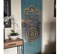 Beaded String Natural Wood Beaded Curtain-90 Strands-Boho Door Beads-Bohemian Doorway Curtain-35.5" W x 80" H-Hand Made-Hand Painted (Hamsa)