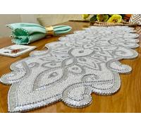 Beaded Table Runner Decorative Hand Glitz Rustic Farmhouse for Scalloped Design - 13x36 Inch - Ivory Silver