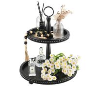 Beaded Tiered Tray Stand, Rustic Wooden 2 Tier Decorative Tray with Bead Garland, Farmhouse Round Wood Serving Tray Counter Centerpiece for Coffee Bar Home Decor Holiday Housewarming Gifts