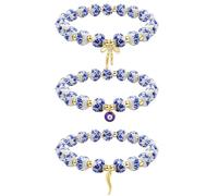 Beads Bow Charm Bracelet for Women Blue Flower Vintage Handmade Stretch Bracelet Evil Eye Italian Horn Beaded Romantic Dainty Jewelry, Adjustable, Stainless Steel, No Gemstone