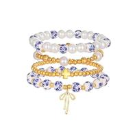 Beads Bow Charm Bracelet Set for Women Cross Flower Bow Stretch Bracelet 18K Gold Pearl Beaded Jewelry Gift, One Size, Glass, no gemstone