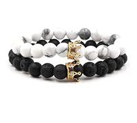 Beads Bracelet, Big Beaded Bracelets Black White Gold Alloy Cubic Zirconia 2Pcs Set Crown Friends Bracelet 19cmx8mm