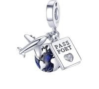 Beads R Us ® Airplane Passport Globe Dangle Charm in Sterling Silver S925, Compatible with all European style Charm Bracelets, Necklaces & Anklets.