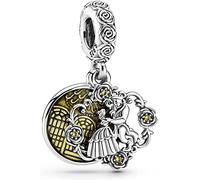 Beads R Us ® - Beauty and the Beast Dancing Dangle Charm in solid Sterling Silver S925 surrounded by roses with yellow crystals, Compatible with all European style Charm Bracelets