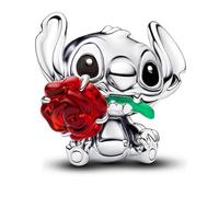 Beads R Us ® - Lilo and Stitch Glass Red Rose Charm Bead in Solid Sterling Silver Hallmarked 925 and enamel, Compatible with all European Charm Bracelets, Anklets and Necklaces.