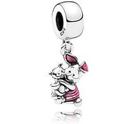 Beads R Us ® Piglet holding his beloved teddy bear, with cerise enamel, Dangle Charm in Solid Sterling Silver Hallmarked S925, Compatible with all European style Charm Bracelets