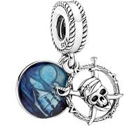 Beads R Us ® Pirates skull & crossbones double dangle charm hand crafted in sterling silver & enamel - Compatible with all European style Charm Bracelets, Necklaces and Anklets.