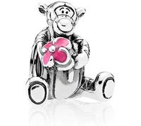 Beads R Us ® Tigger with a bright pink enamel flower Charm Bead in Solid Sterling Silver Hallmarked S925, Compatible with all European style Charm Bracelets, Necklaces & Anklets.