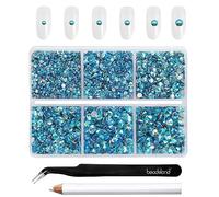 Beadsland 4300pcs Flatback Nail Rhinestones,Blue Round Crystal Rhinestones Gems for Crafts,Mixed 6 Sizes with Picking Tweezers and Wax Pencil Kit, SS6-SS20,Aquamarine AB