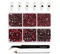 Beadsland 4300pcs Flatback Nail Rhinestones,Dark Red Rhinestones Round Crystal Gems for Crafts,Mixed 6 Sizes with Picking Tweezers and Wax Pencil Kit, SS6-SS20,Dark Siam