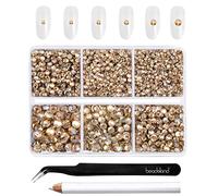 Beadsland 4300pcs Flatback Nail Rhinestones,Gold Rhinestones Round Crystal Gems for Crafts,Mixed 6 Sizes with Picking Tweezers and Wax Pencil Kit, SS6-SS20,Golden Shadow