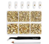 Beadsland 4300pcs Flatback Nail Rhinestones,Gold Rhinestones Round Crystal Gems for Crafts,Mixed 6 Sizes with Picking Tweezers and Wax Pencil Kit, SS6-SS20,Metal Sunlight