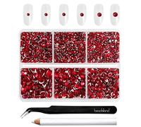 Beadsland 4300pcs Flatback Nail Rhinestones,Red Rhinestones Round Crystal Gems for Crafts,Mixed 6 Sizes with Picking Tweezers and Wax Pencil Kit, SS6-SS20, Siam