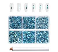 Beadsland 7200 Pcs Flatback Rhinestones for Nails,Blue AB Round Small Crystal Rhinestones Gems for Crafts,Mixed 6 Sizes with Wax Pencil Kit,SS3-SS10,Aquamarine AB