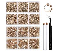 Beadsland 8300PCS Flatback Rhinestones, Gold Rhinestone Nail Gems Round Crystal Rhinestones for Crafts, Mixed 10 Sizes with Wax Pencil and Tweezer Kit, SS3-SS30, Golden Shadow