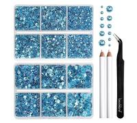 BEADSLAND Hotfix Rhinestones, 6080PCS Blue Rhinestones for Clothes Crafts Mixed 6 Sizes with Wax Pencil and Tweezers Kit, SS6-SS30, Aquamarine