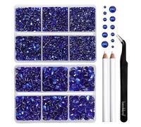 BEADSLAND Hotfix Rhinestones, 6080PCS Dark Blue Rhinestones for Clothes Crafts Mixed 6 Sizes with Wax Pencil and Tweezers Kit, SS6-SS30, Sapphire