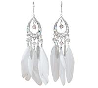 Beadthoven 1 Pair Bohemian Feather Fringe Dangle Earrings Boho Ethnic Antique Silver Alloy Rhinestone Teardrop Earrings with Feather for Women Girls Jewellery, White