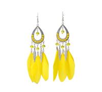 Beadthoven 1 Pair Bohemian Feather Fringe Dangle Earrings Boho Ethnic Antique Silver Alloy Rhinestone Teardrop Earrings with Feather for Women Girls Jewellery, Yellow