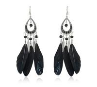 Beadthoven 1 Pair Bohemian Feather Fringe Dangle Earrings Boho Ethnic Antique Silver Alloy Rhinestone Teardrop Earrings with Feather for Women Girls Jewellery, Black