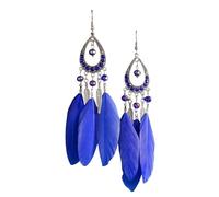 Beadthoven 1 Pair Bohemian Feather Fringe Dangle Earrings Boho Ethnic Antique Silver Alloy Rhinestone Teardrop Earrings with Feather for Women Girls Jewellery, Blue