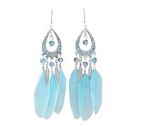 Beadthoven 1 Pair Bohemian Feather Fringe Dangle Earrings Boho Ethnic Antique Silver Alloy Rhinestone Teardrop Earrings with Feather for Women Girls Jewellery, Sky Blue