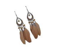 Beadthoven 1 Pair Bohemian Feather Fringe Dangle Earrings Boho Ethnic Antique Silver Alloy Rhinestone Teardrop Earrings with Feather for Women Girls Jewellery, PeachPuff