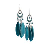 Beadthoven 1 Pair Bohemian Feather Fringe Dangle Earrings Boho Ethnic Antique Silver Alloy Rhinestone Teardrop Earrings with Feather for Women Girls Jewellery, Steel Blue