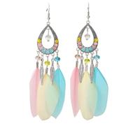 Beadthoven 1 Pair Bohemian Feather Fringe Dangle Earrings Boho Ethnic Antique Silver Alloy Rhinestone Teardrop Earrings with Multi Colors Feather for Women Girls Jewellery